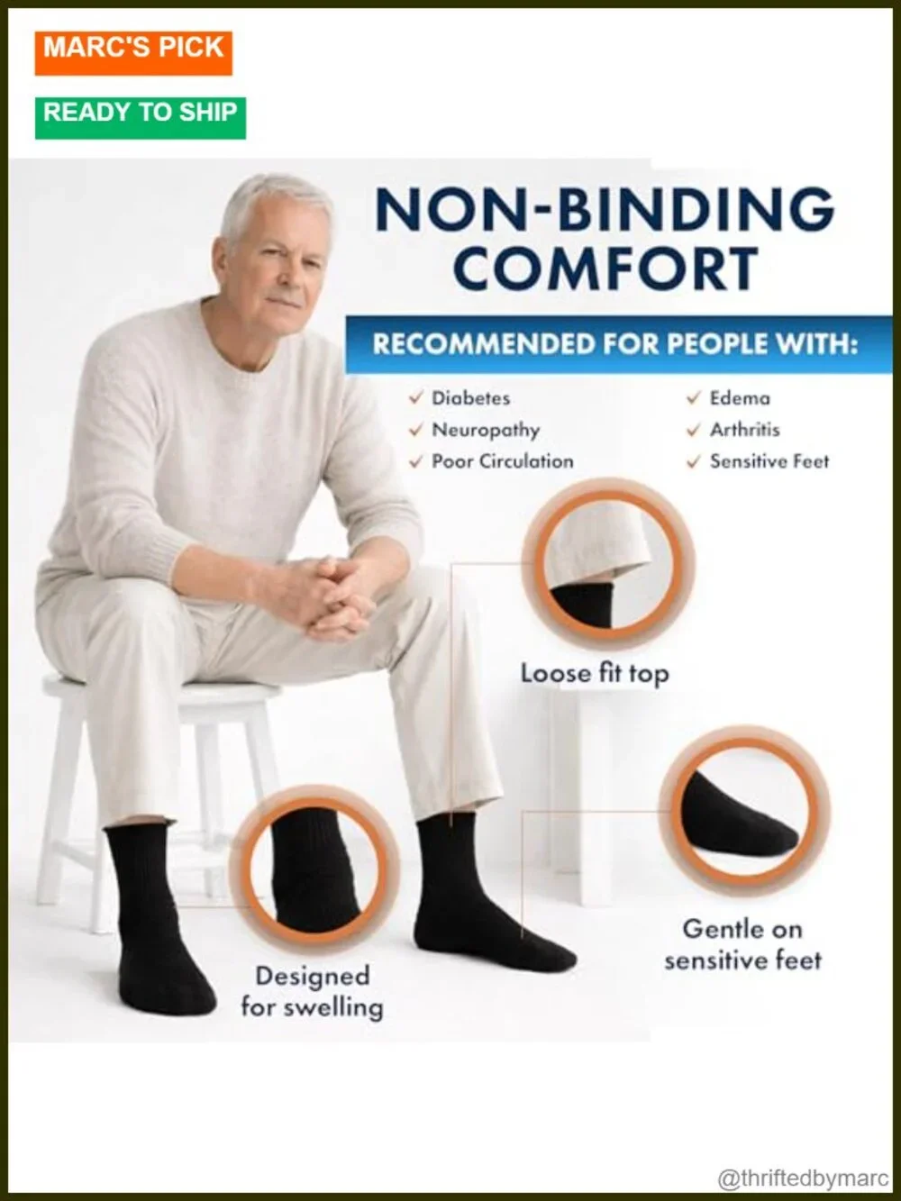 Diabetic Socks Loose Fit Non-Binding Cotton Crew Socks 6 Pairs